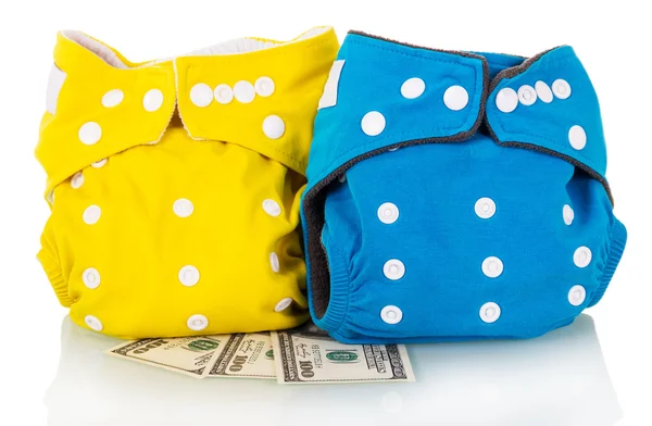 Modern cloth diapers and money isolated on white. — Stock Photo, Image