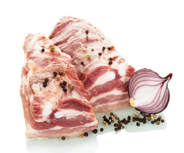 Raw pork, onion and spices isolated on white. — Stock Image Raw pork, onion and spices isolated on white. Stock Picture