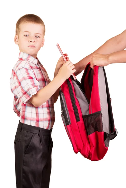 Gli studenti raccolgono zaino andando a scuola isolato su sfondo bianco . — Foto Stock