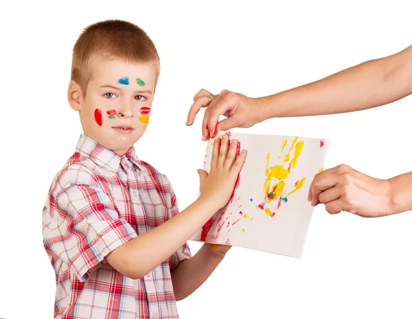 Cara y palmas niño bonito pintado colores vibrantes aislados . — Foto de Stock