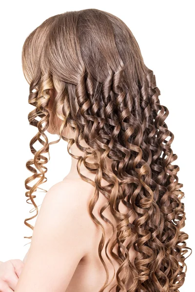 Woman with shiny brown curls isolated on  white background. — Stock Photo, Image