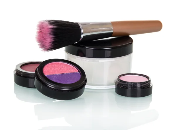 Cosmetic brush, eye shadow, blush and  jar of cream isolated. — Stock Photo, Image