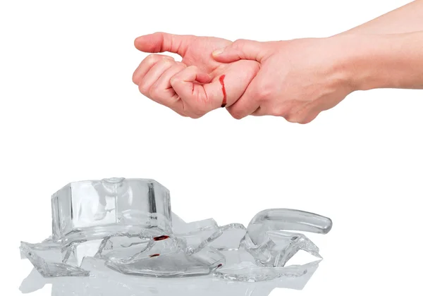Hand durch Schrapnellglas isoliert auf weiß verwundet. — Stockfoto