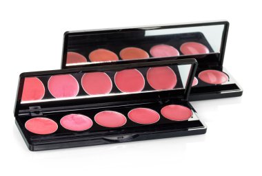 Dudak parlatıcısı paleti portre üzerinde beyaz izole.