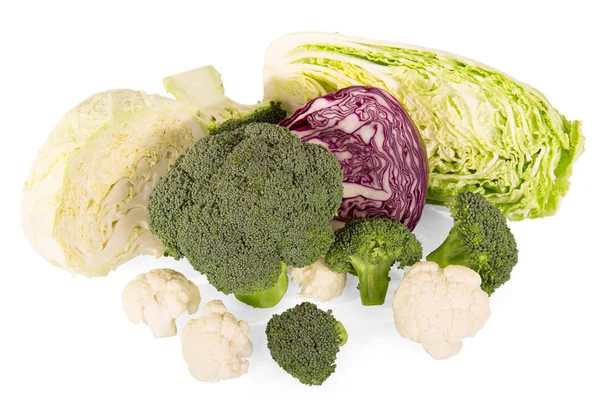 Various types of cabbage: broccoli, Chinese, red and cauliflower isolated. — Stock Photo, Image