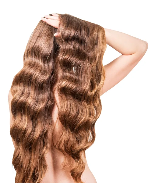 Дівчина з коричневим довгим хвилястим волоссям ізольована на білому тлі . — стокове фото