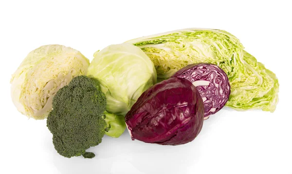Různé druhy zelí: brokolice, čínské, červené a bílé zelí. — Stock fotografie
