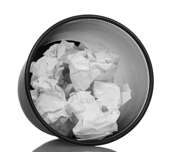 Waste basket with crumpled paper isolated on white background. — Stock Photo, Image