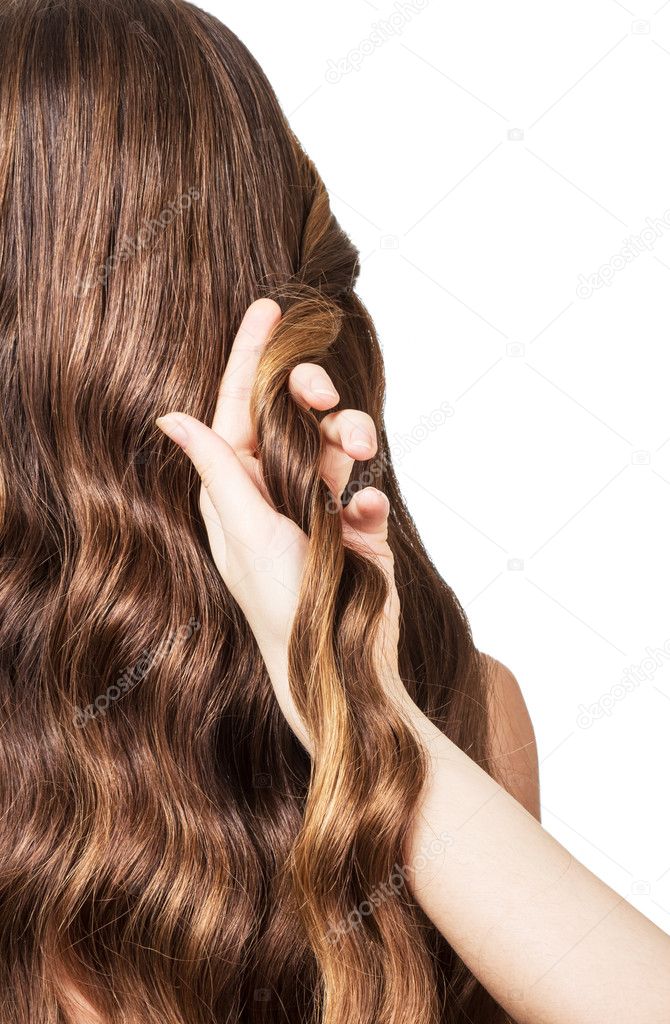Hands Hairdresser Plait Long Wavy Hair Isolated On White Stock
