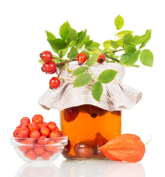 Bowl berries mountain ash, wild rose and fruktoy tea isolated . — Stock Photo, Image