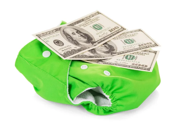 Сучасний екологічний підгузник і гроші ізольовані на білому . — стокове фото