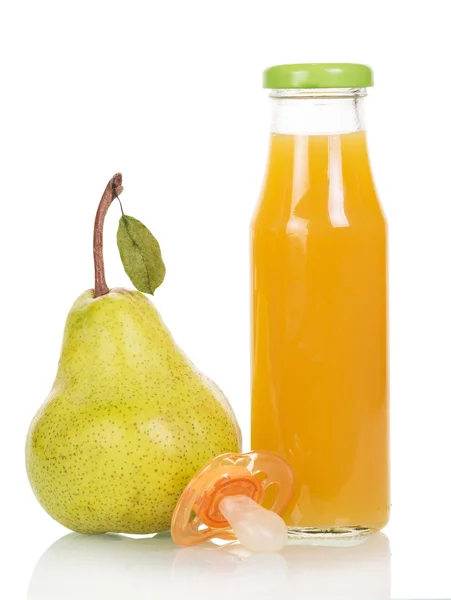 Bottle of juice, pear and pacifier isolated on white background. Stock Picture