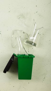 Ev atıklarının sıralanması. Atık geri dönüşümü. Cam ve kırıkları olan yeşil atık kutusu.