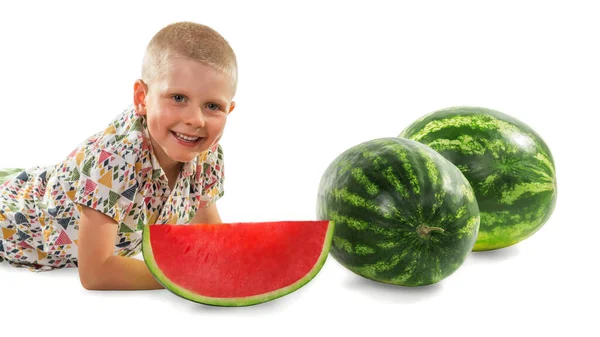 Little Boy Bright Shirt Lies Large Whole Watermelons Slices Isolated — Stock Photo, Image