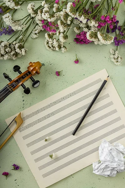 Ansicht Von Oben Musikalisches Kreativitätskonzept Fiktive Noten Blumen Und Geige — Stockfoto