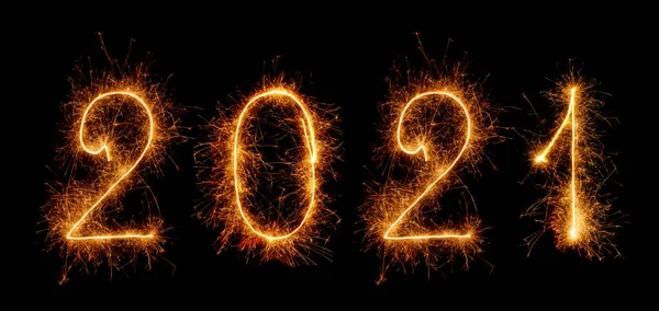 Sparkling Lettering 2021 Sparklers Isolated Black Background — Stock Photo, Image