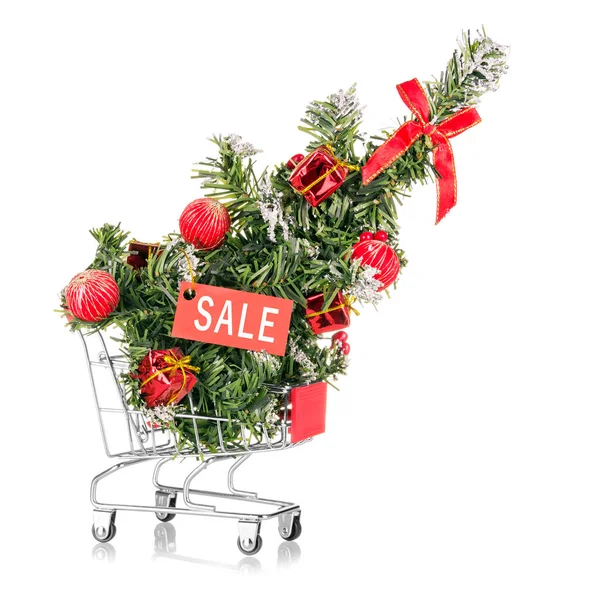 Vendita Natale Carrello Della Spesa Supermercato Con Albero Natale Targhetta — Foto Stock