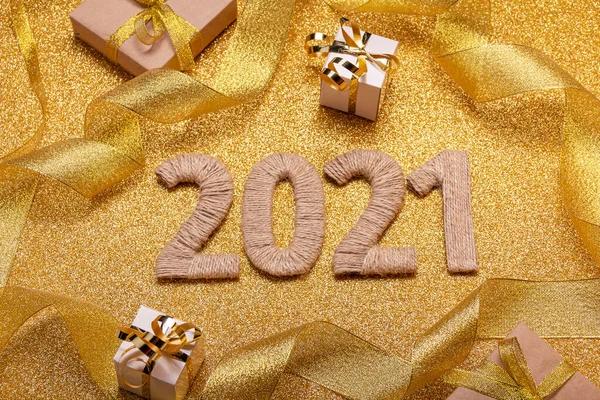 Bright Golden Postcard New Year 2021 Decorated Sparkling Ribbon Gifts — Stock Photo, Image