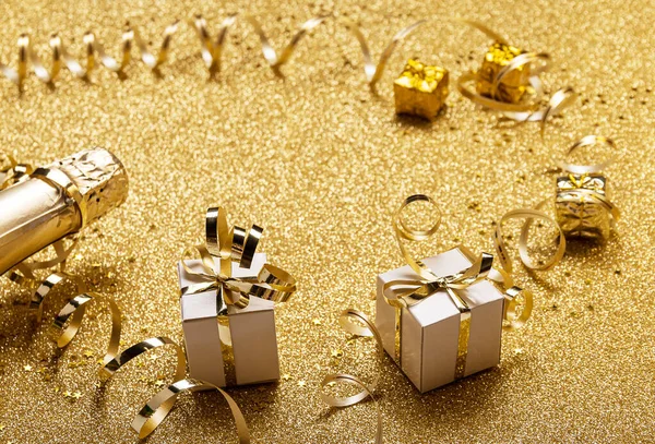 Happy New Year Merry Christmas Bright Gold Card Champagne Gifts — Stock Photo, Image