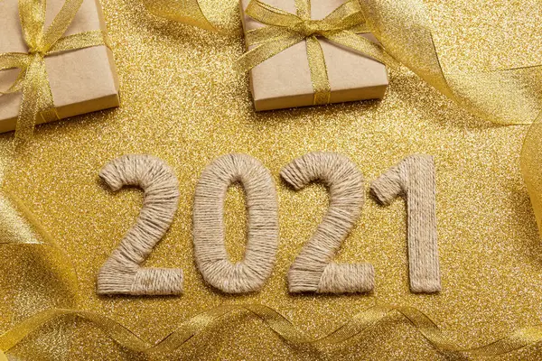 Happy New Year Craft Lettering 2021 Twine Gold Glitter Background — Stock Photo, Image