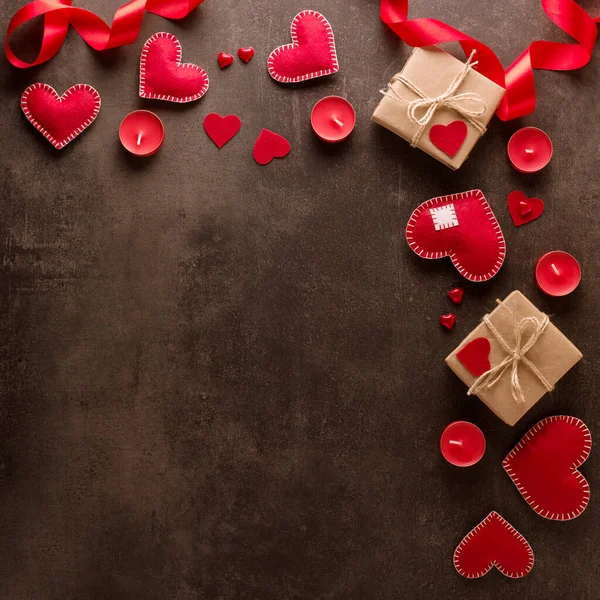Romantico San Valentino Cartolina Cuori Rossi Candele Atmosfera Romantica Sfondo — Foto Stock