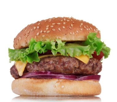 Sebzeli lezzetli, sulu hamburger ve beyaz arka planda izole edilmiş et.