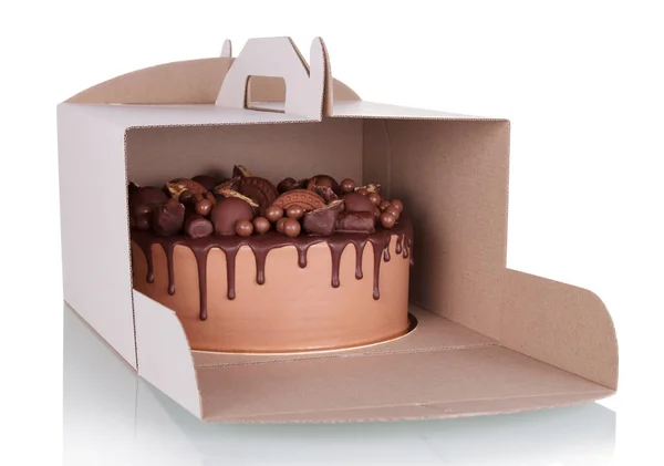 Delicious Chocolate Cake Takeaway Cardboard Box Isolated White Background — Stock Photo, Image