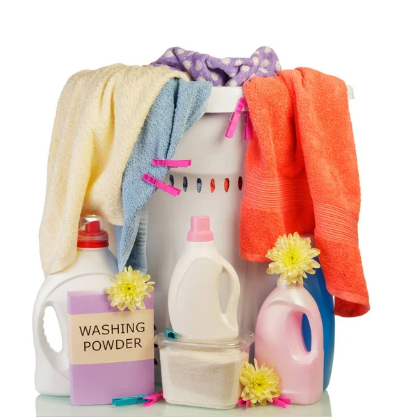 Full Basket Dirty Laundry Detergents Isolated White Background — Stock Photo, Image