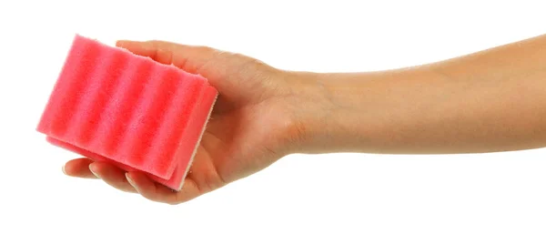 Roze Spons Voor Het Afwassen Schoonmaken Een Wijfjeshand Geïsoleerd Witte Stockfoto