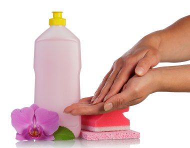 eller, sünger, şişeler