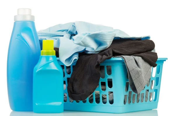 Clothes with detergent and washing powder — Stock Photo, Image