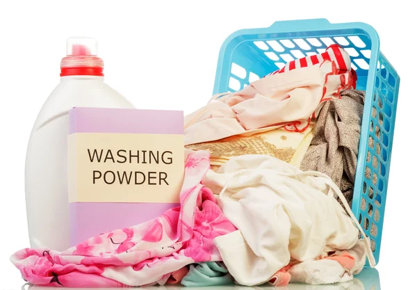 Clothes with detergent and washing powder — Stock Photo, Image