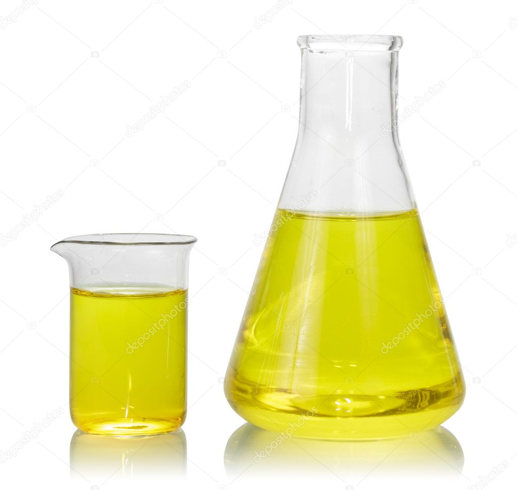 Flasks with yellow liquid