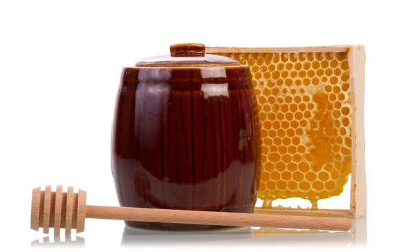 Honung burk med skopa och honung — Stockfoto