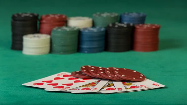 Colorful poker chips with cards — Stock Photo, Image