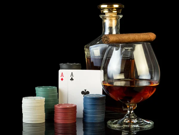 Poker chips and cognac — Stock Photo, Image