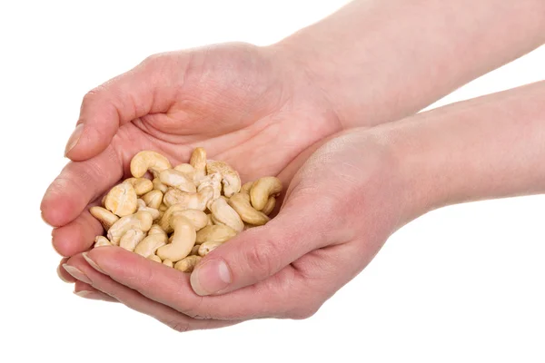 Roasted cashew nuts in hands — Stock Photo, Image