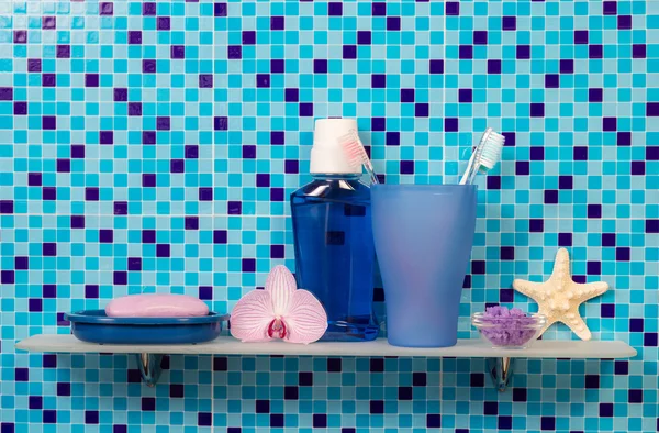 Soap, lotion and toothbrushes on shelf — Stok fotoğraf