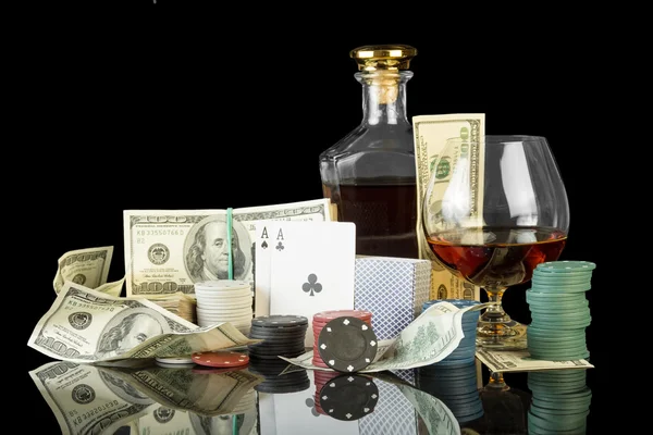 Poker chips and dollar bills — Stock Photo, Image