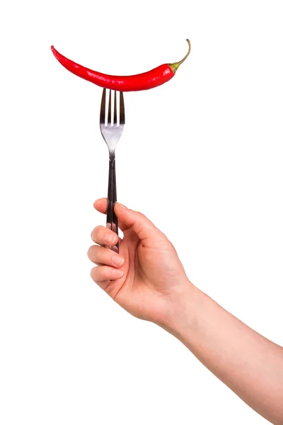 Papryka chili w widelec z ręki — Zdjęcie stockowe