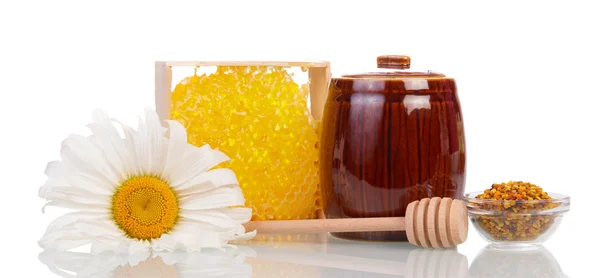 Miel en tarro y tarro de madera —  Fotos de Stock