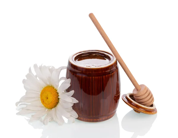 Miel en tarro y tarro de madera —  Fotos de Stock