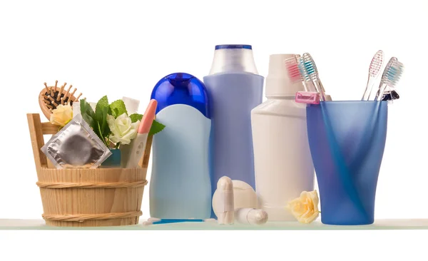 Shelf with bath accessories — Stock Photo, Image