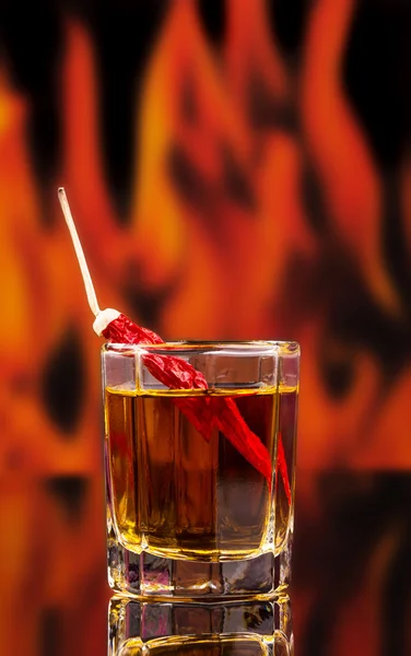 Hot pepper  in glass of vodka — Stock Photo, Image