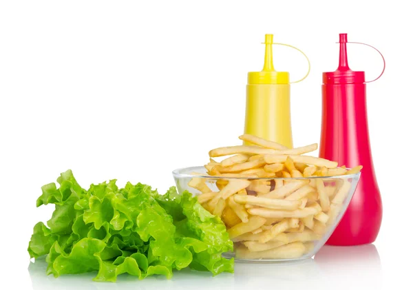 Sallad, senap, ketchup med pommes frites — Stockfoto