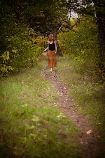 Red-haired young girl with a basket of walks in the woods — Stock Photo, Image