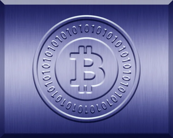 Modrá kovová bitcoin deska — Stock fotografie