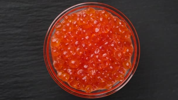 Red caviar in glass jar top view rotate. salmon caviar macro — Stock Footage Red Caviar Glass Jar Top View Rotate Salmon Caviar Macro Stock Video