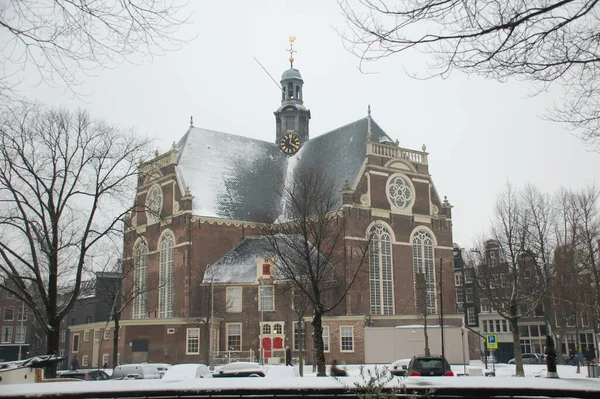 Chiesa Settentrionale Innevata Sul Canale Amsterdam Prinsengracht Inverno — Foto Stock