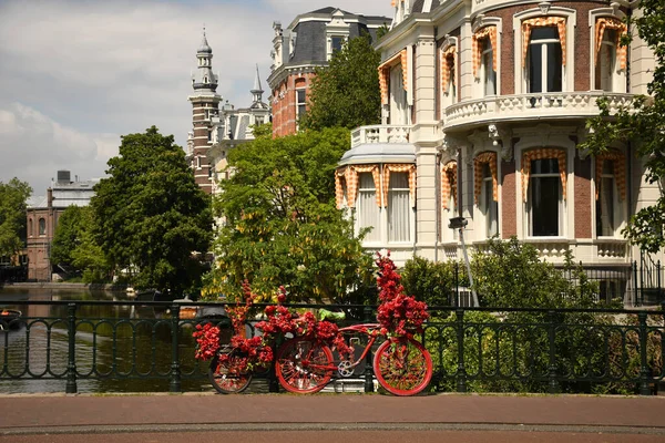 Colorata Bici Fiore Sul Ponte Del Museo Amsterdam Sul Canale — Foto Stock
